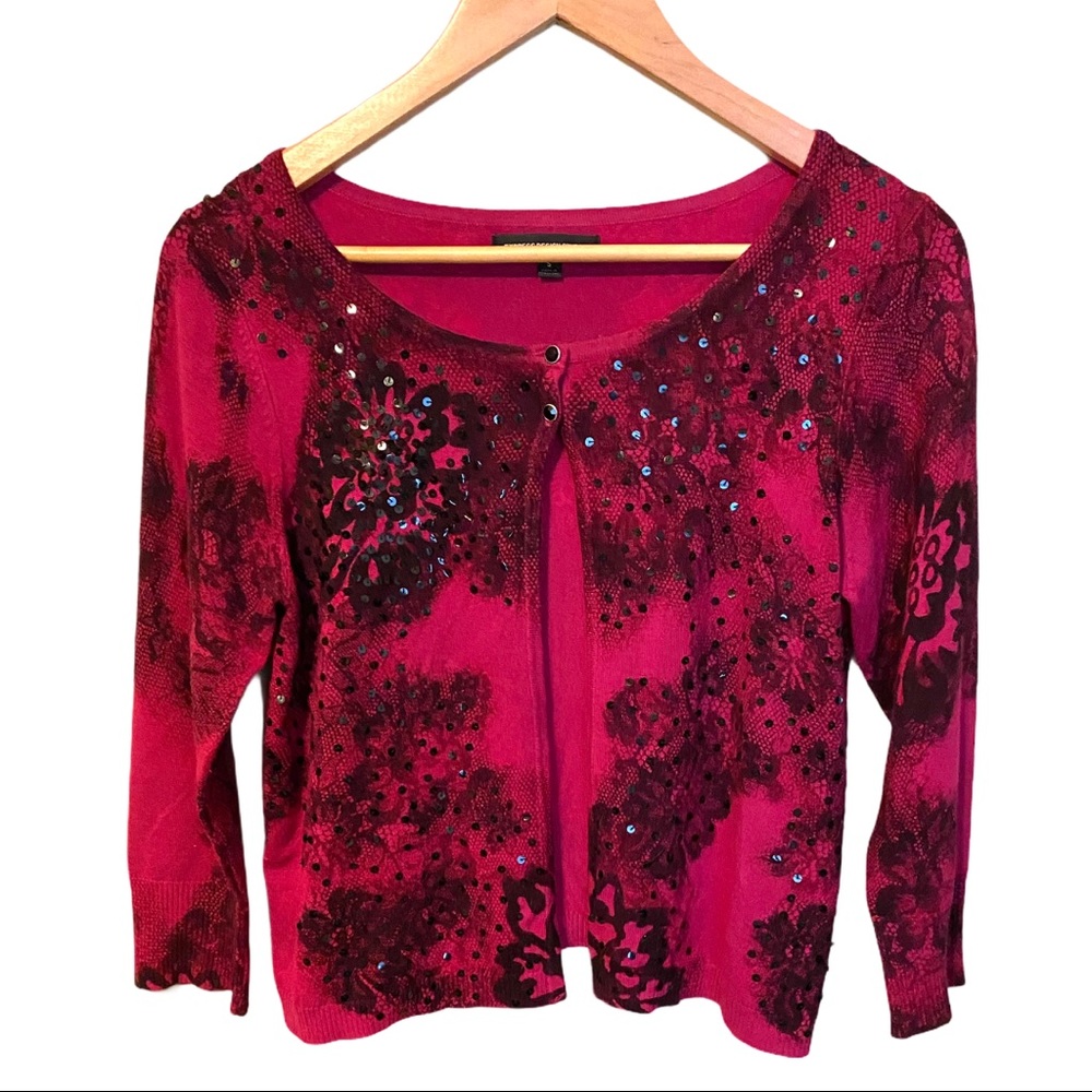 Express Open Front Beaded Cardigan Wrap Magenta Black Small